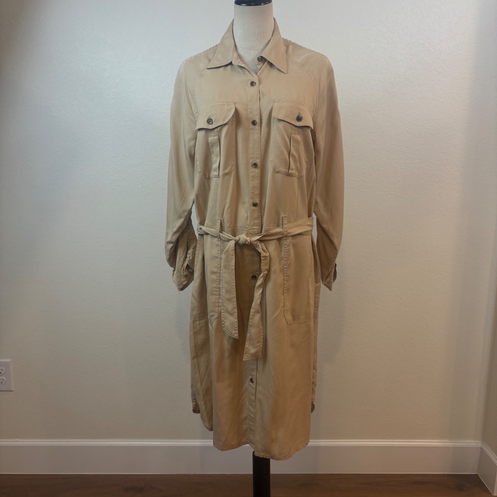 Lauren Ralph Lauren Shirt Dress Womens 12 Tan NWOT Ruched Sleeve Utility Safari - Picture 2 of 9